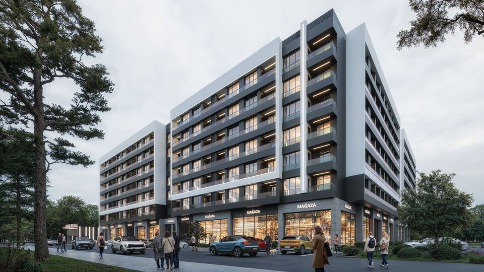Street frontage and corner view · Architectural rendering