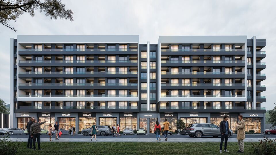 Main facade and ground-floor retail units · Architectural rendering