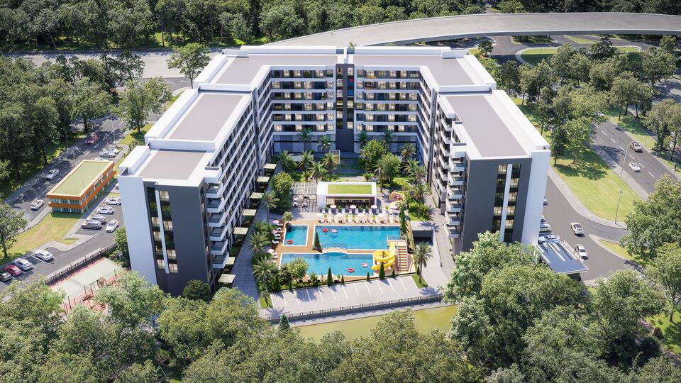 Courtyard and pools from above · Architectural rendering