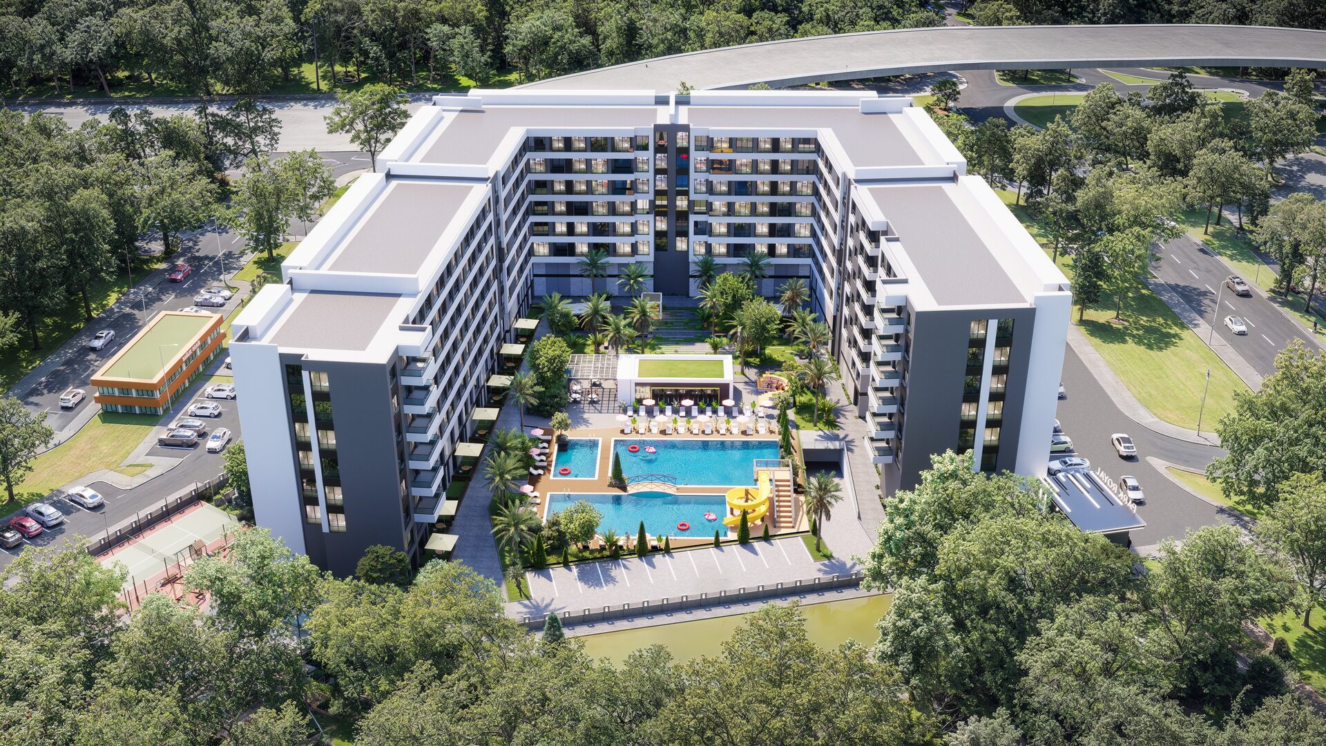 Park Royal Residences Göksu · Courtyard and pools from above · Architectural rendering