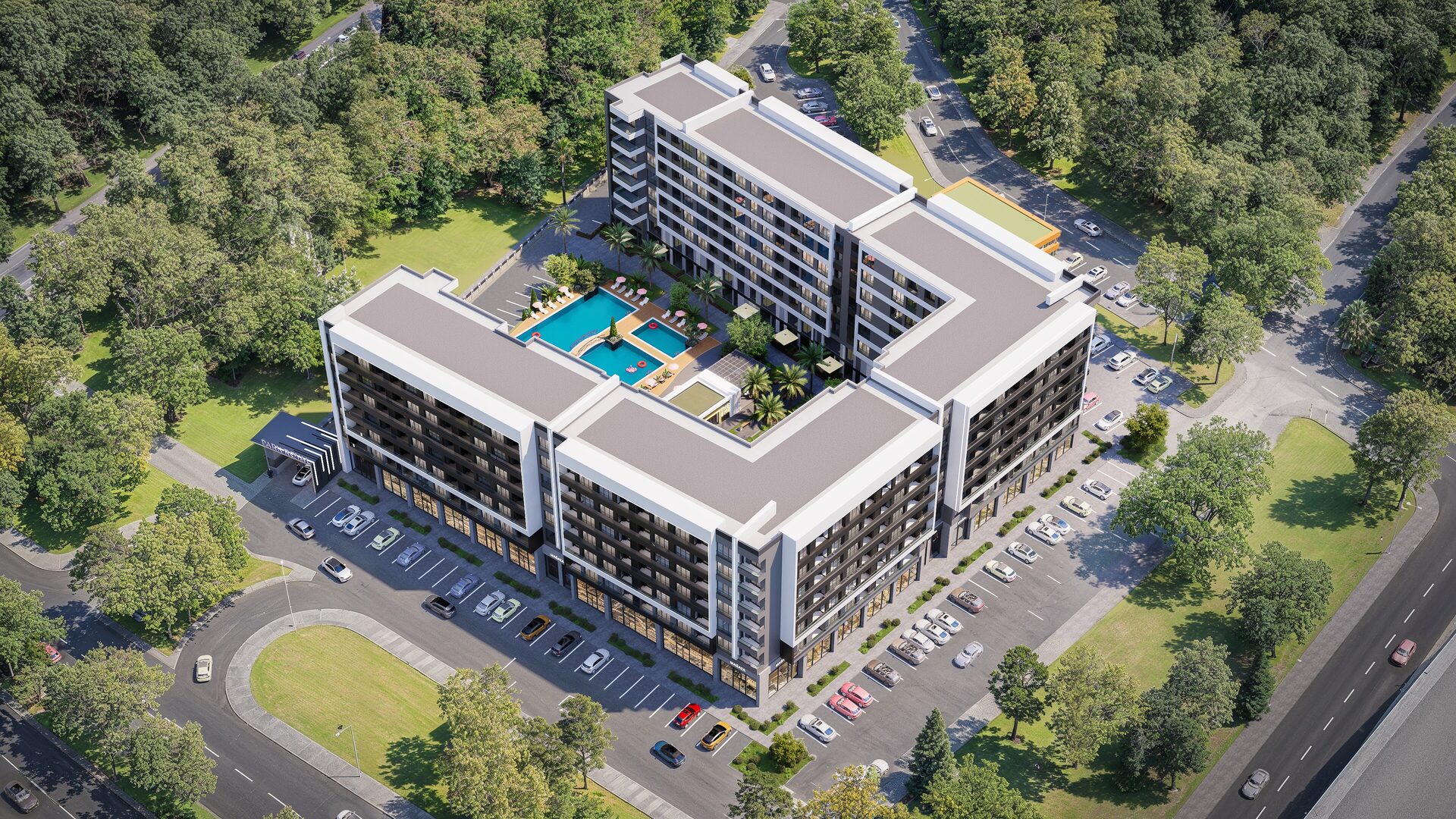 Layout of the four blocks · Architectural rendering