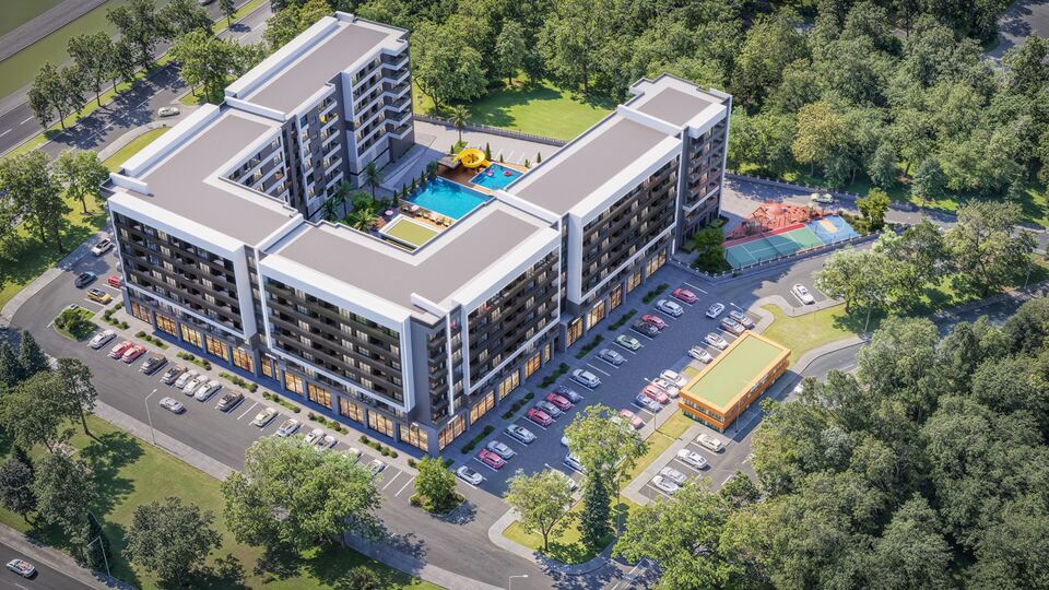 Sports areas and parking · Architectural rendering