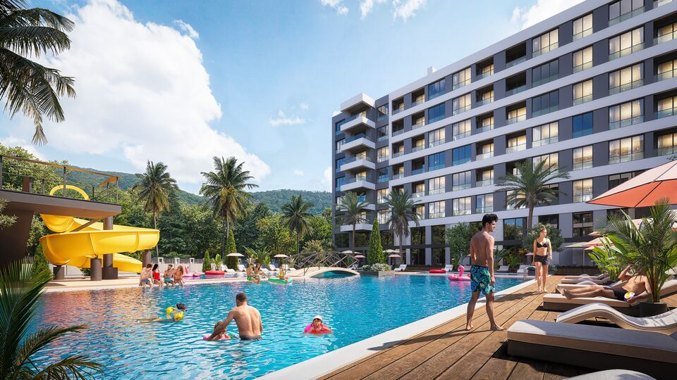 Pool area with water slides · Architectural rendering