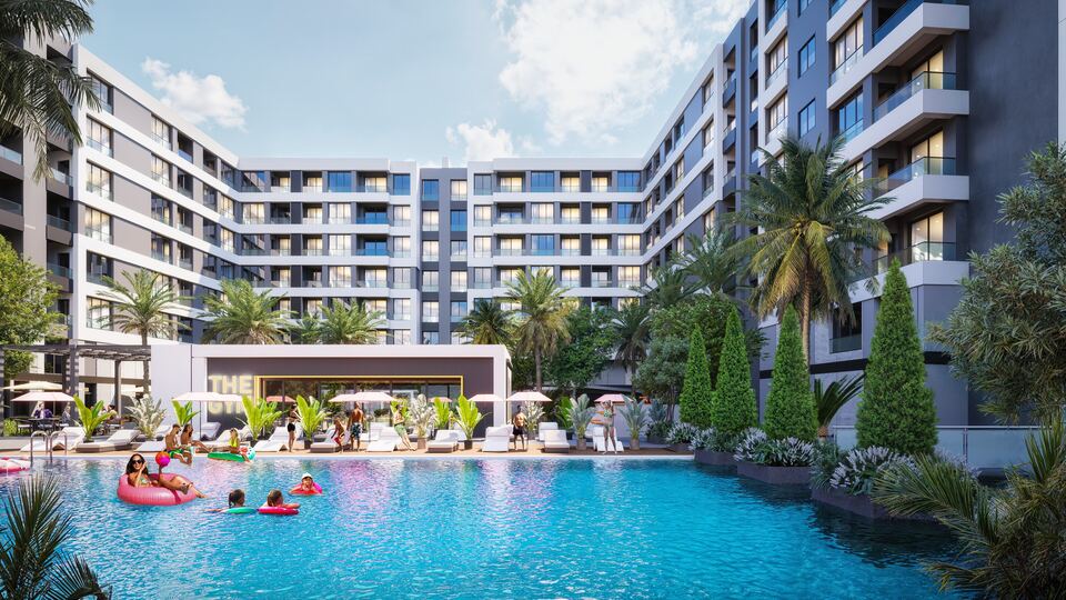 Pool and residential blocks · Architectural rendering