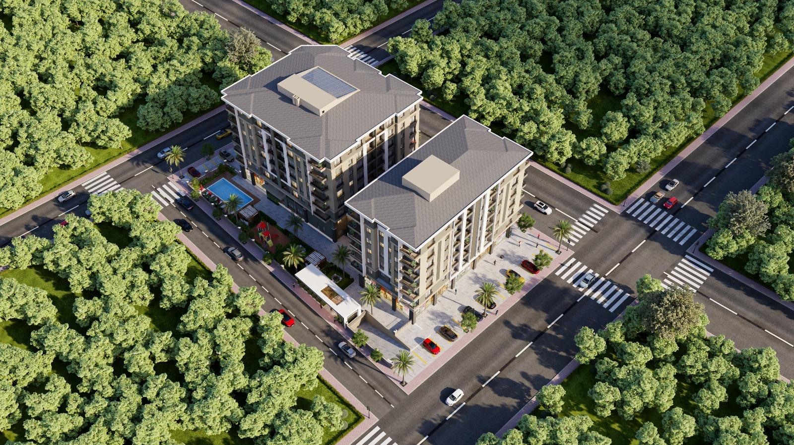 Aerial project view · Architectural renderings