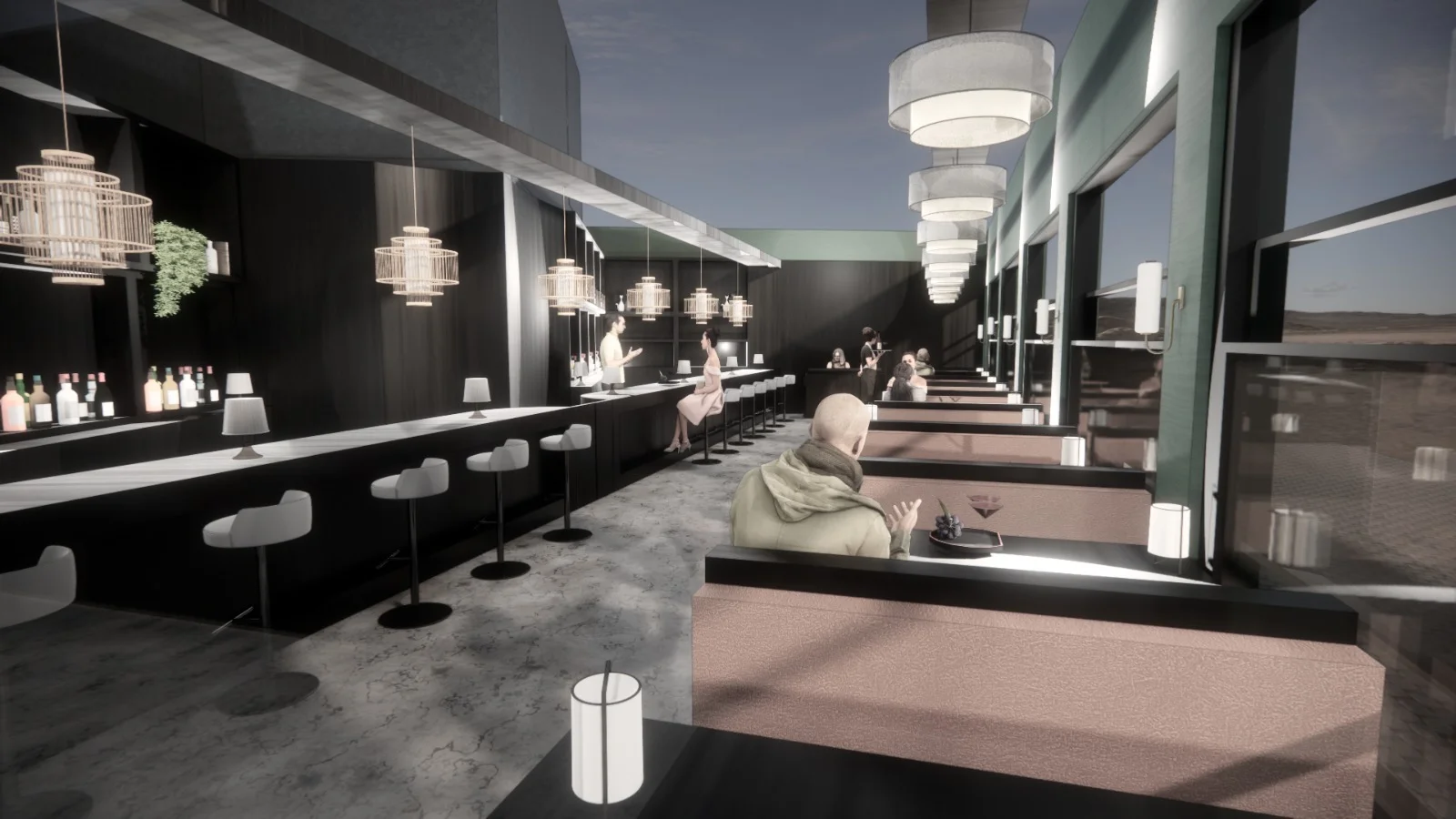 Bistro bar atmosphere · Conversion concept / visualisation · Not the current condition.